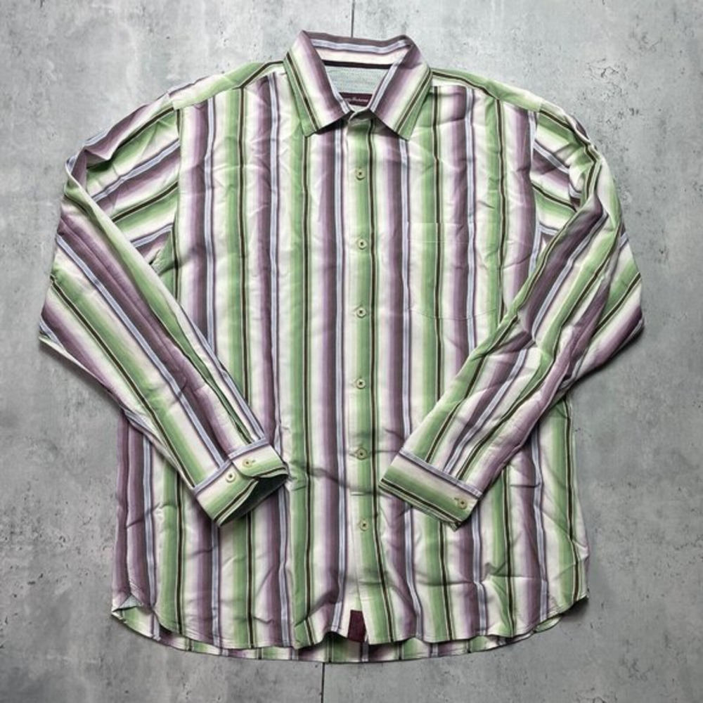 Tommy Bahama Hawaiian Shirt‎ Men’s Large 100% Silk Stripe Button Up Long Sleeve